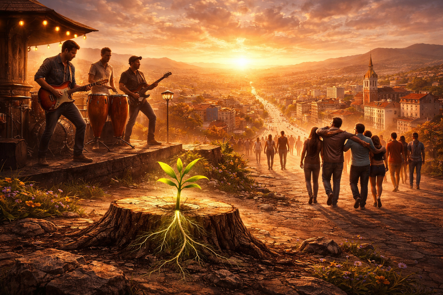 Banda de rock tocando al atardecer en un valle desértico mientras en primer plano una Biblia abierta florece sobre tierra seca con una lámpara encendida, simbolizando esperanza y renovación.