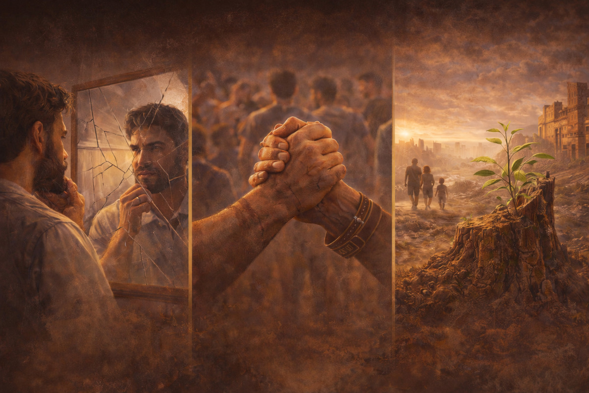 Ilustración simbólica dividida en tres escenas: un hombre reflexiona frente a un espejo agrietado, manos unidas en gesto de apoyo comunitario y un brote verde creciendo de un tronco en medio de una ciudad al atardecer.