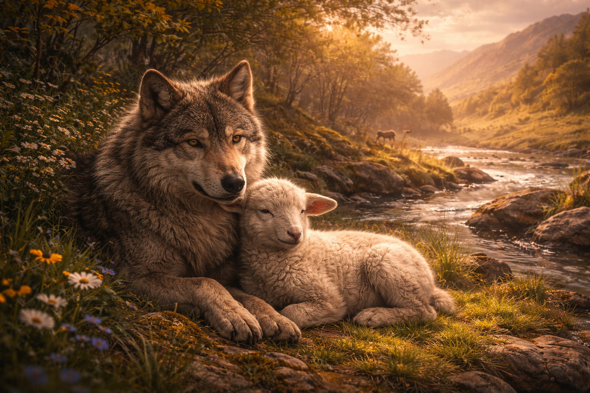 Lobo y cordero descansando juntos junto a un río al atardecer, rodeados de naturaleza y luz dorada, simbolizando paz y reconciliación.<br />
