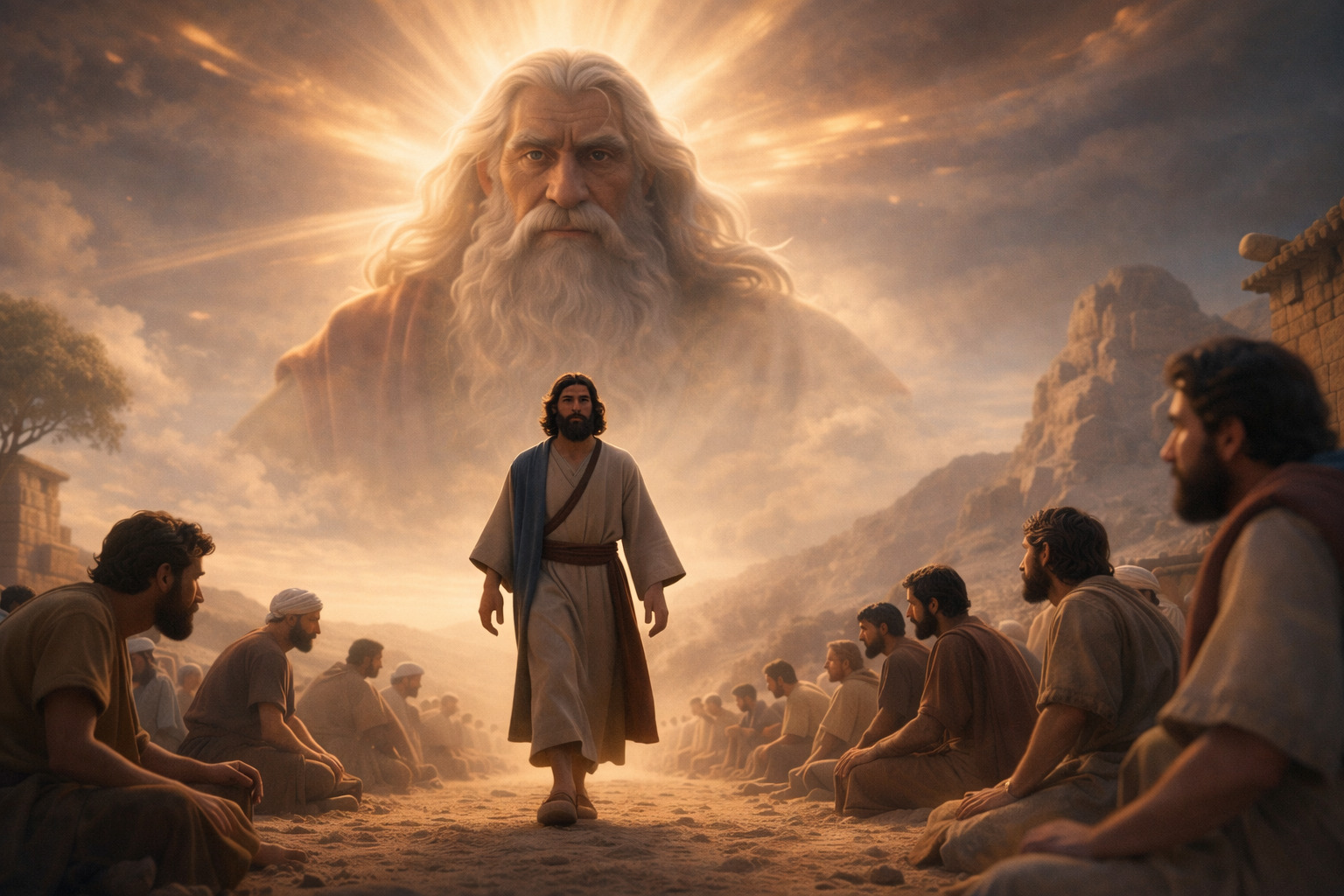 Escena bíblica realista donde Jesús camina entre un grupo de hombres sentados en un camino polvoriento, mientras una figura divina luminosa aparece en el cielo detrás de él irradiando luz dorada.<br />
