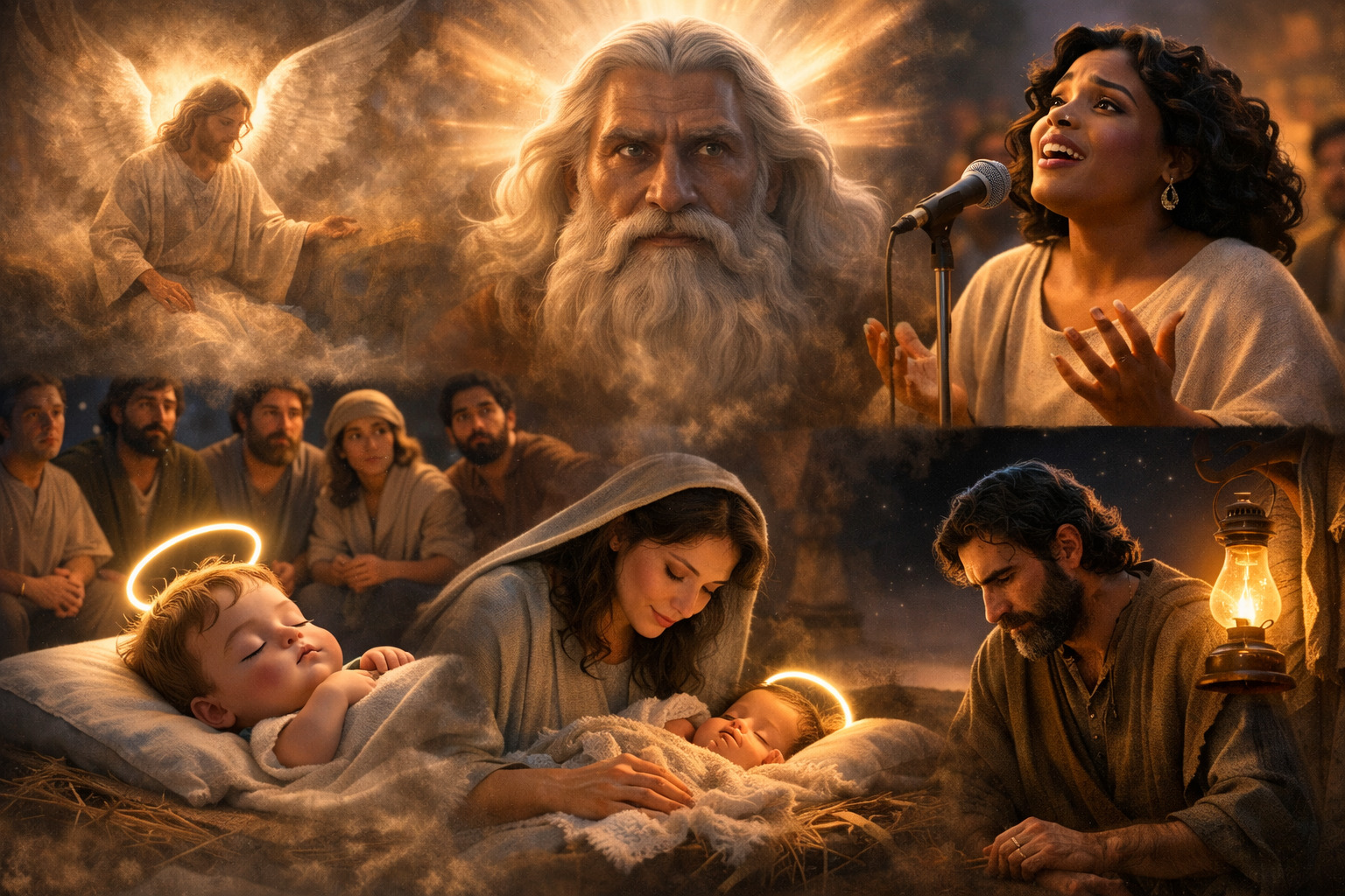 Escena urbana al atardecer donde Jesús abraza a un hombre preocupado mientras un cantante proclama con pasión; al fondo, una familia comparte la mesa y un ángel luminoso aparece bajo una estrella en el cielo.<br />
