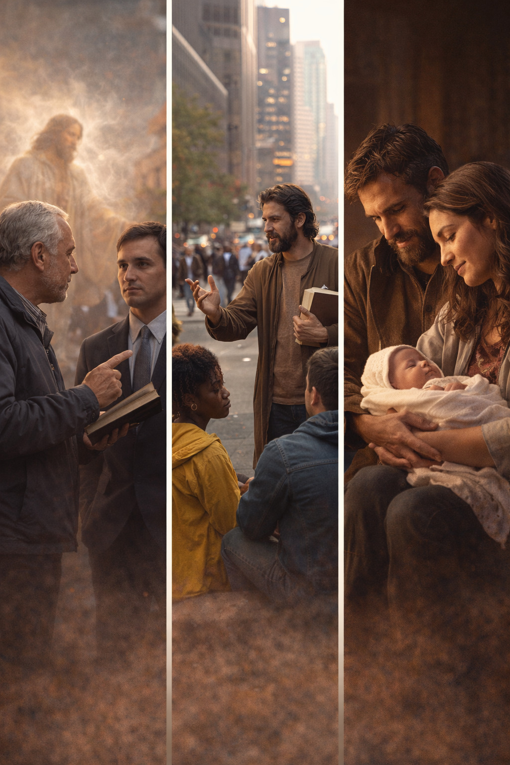 Composición de tres escenas: un hombre mayor hablando con un joven, un hombre predicando a una multitud en la calle y una pareja sosteniendo a un bebé.<br />
