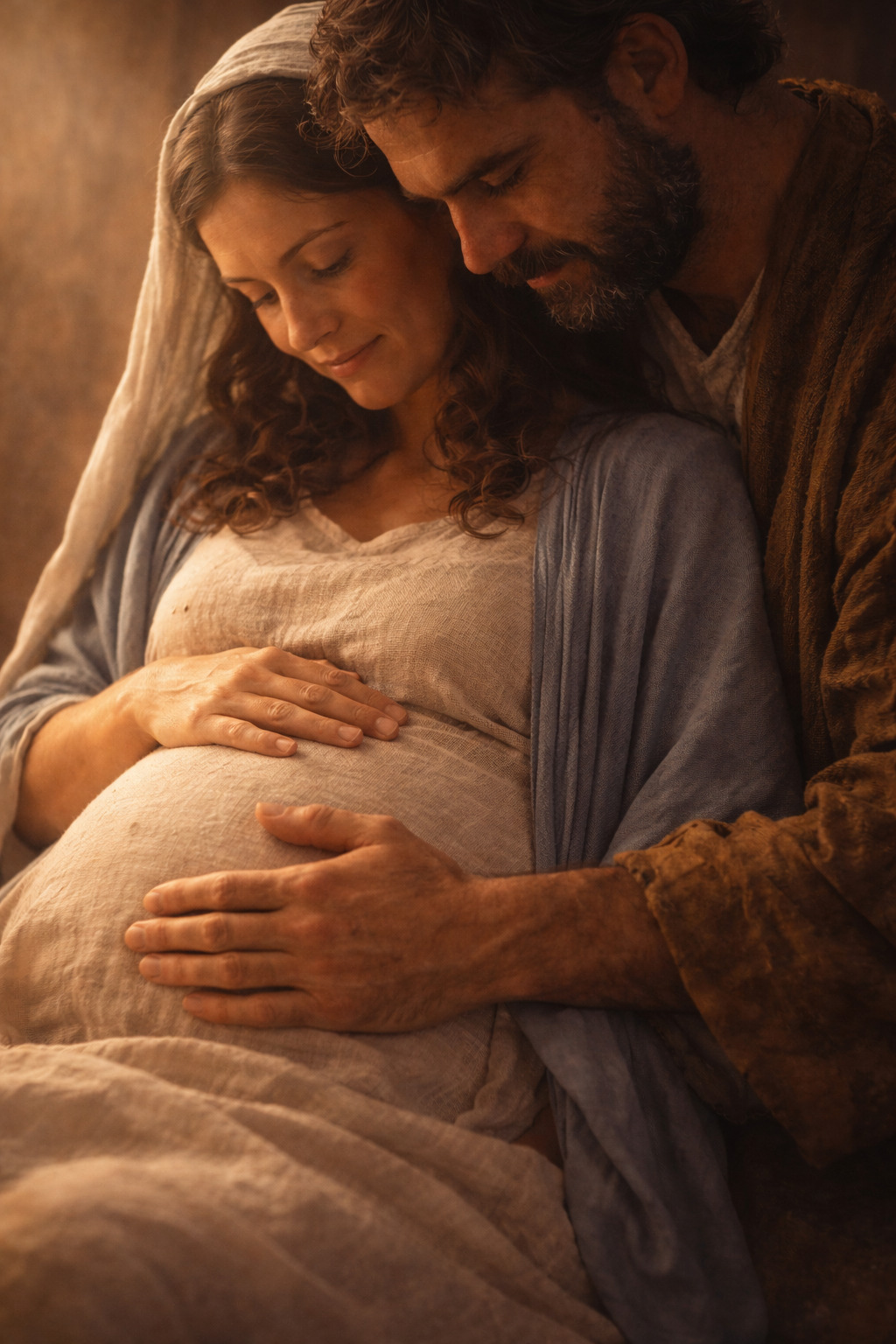Pareja abrazando con ternura el vientre de una mujer embarazada en un momento íntimo iluminado por luz cálida.<br />
