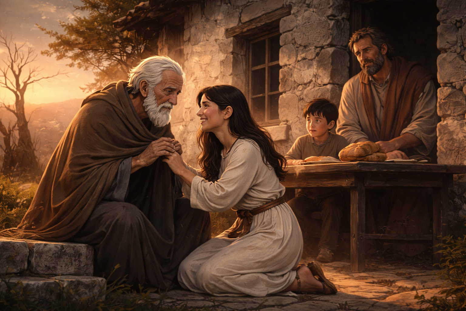 Familia de tres generaciones al atardecer frente a una casa de piedra; una hija sostiene con ternura las manos de su padre anciano mientras un hombre y un niño observan en un ambiente cálido y pacífico.<br />
