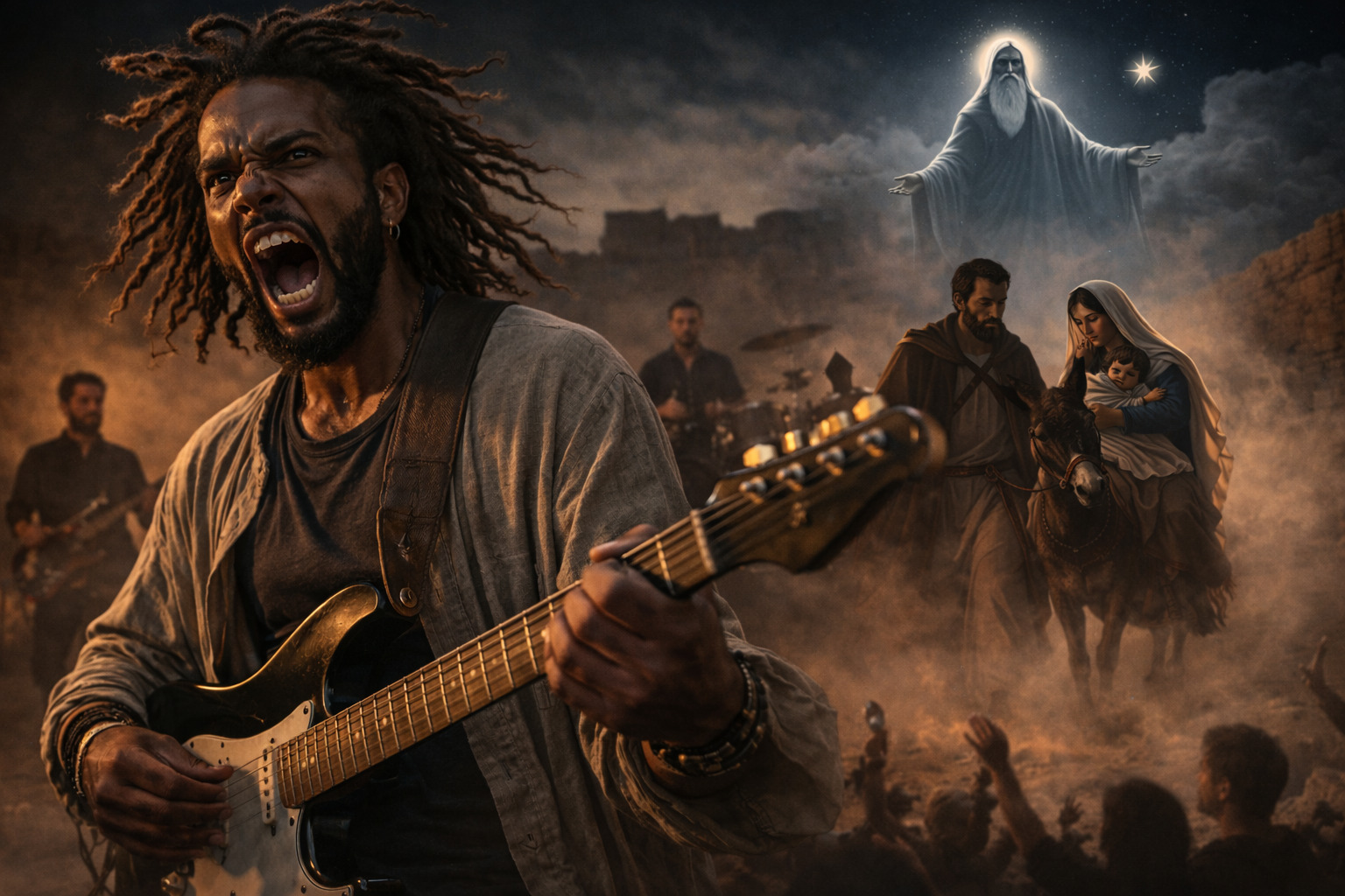 Guitarrista de rock con rastas canta con intensidad mientras toca su guitarra eléctrica en un entorno de piedra antigua; al fondo, una familia huye en la noche guiada por una figura luminosa sobre ellos.