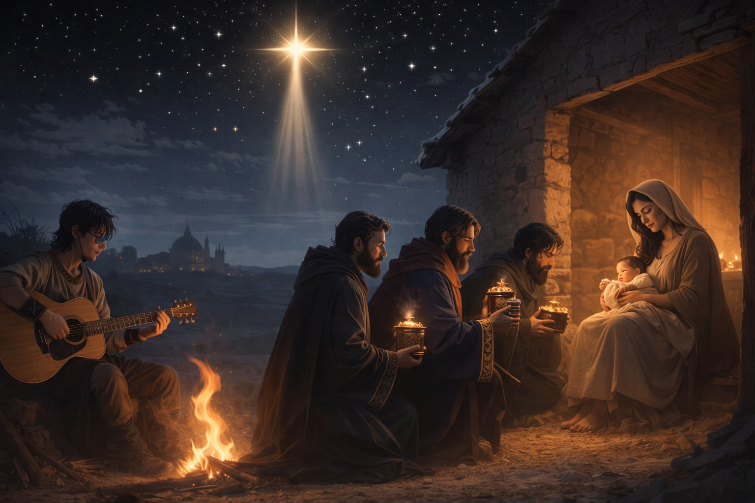 Tres magos arrodillados ante María y el Niño Jesús bajo una estrella brillante en el cielo nocturno, mientras un músico toca guitarra junto a una fogata en las afueras de Belén.