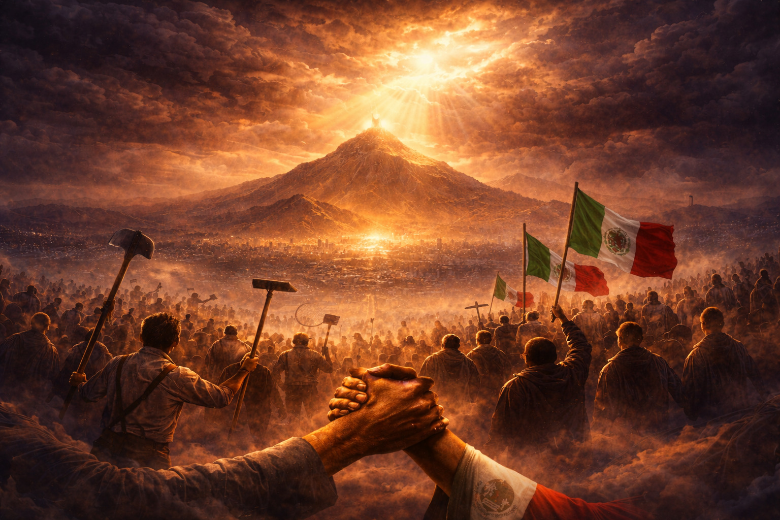 Multitud caminando hacia una montaña iluminada por rayos dorados sobre una ciudad contemporánea, con personas unidas y herramientas transformadas en símbolos de paz.<br />
