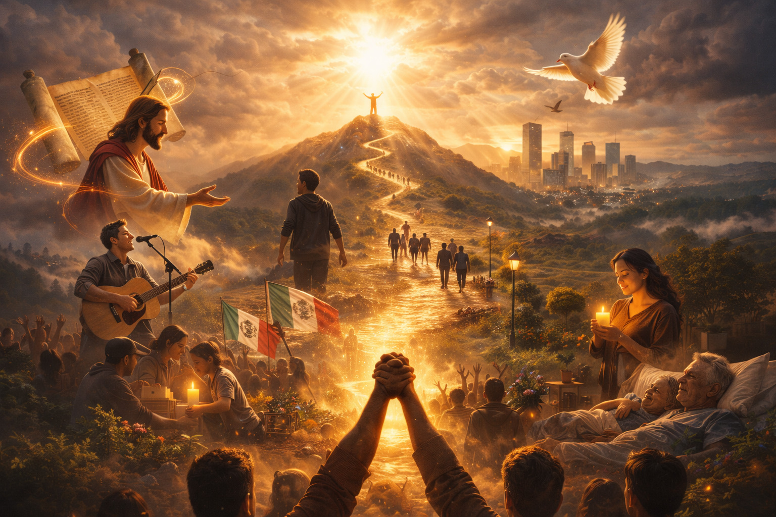 Multitud de personas caminando hacia una montaña iluminada por una intensa luz celestial al atardecer, mientras familias, músicos y gestos de solidaridad simbolizan esperanza y unidad.