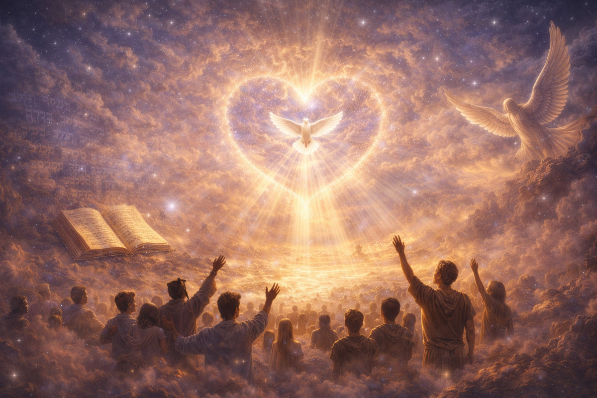 Ilustración bíblica vertical de una multitud levantando las manos bajo una luz celestial en forma de corazón con una paloma blanca, inspirada en Romanos 15 sobre la unidad y una sola voz.<br />
