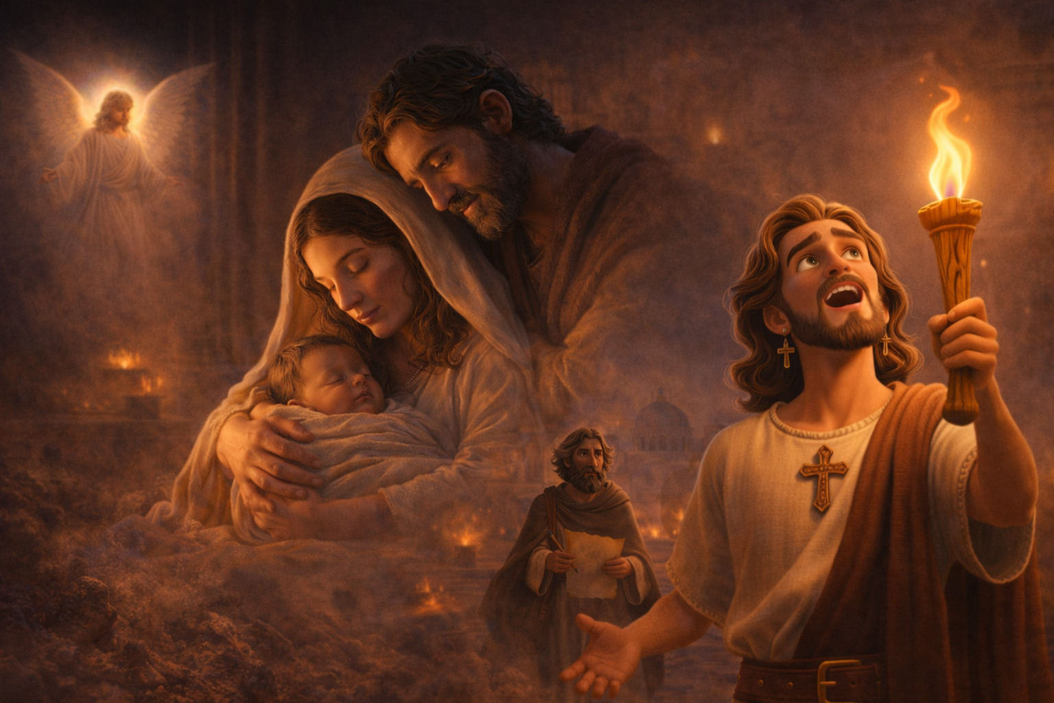 Composición bíblica nocturna donde María y José sostienen al Niño Jesús bajo una luz cálida, mientras un ángel resplandece en el fondo; en la parte inferior, un mensajero con antorcha proclama la esperanza y un escriba sostiene un pergamino en una ciudad antigua iluminada tenuemente.<br />
