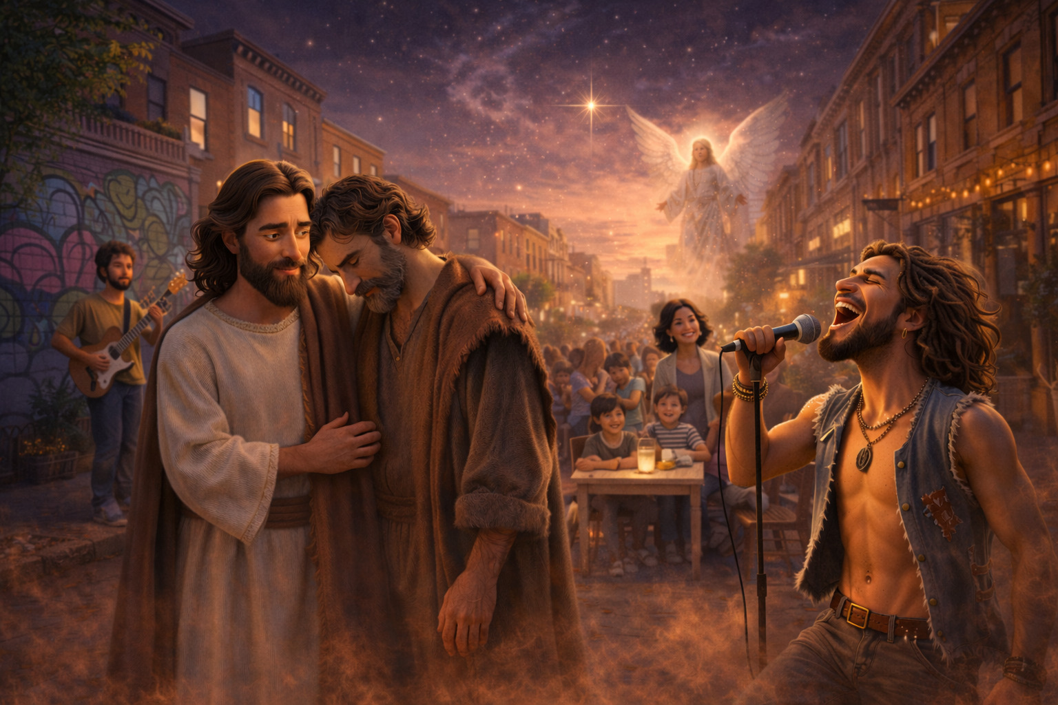 Composición realista del nacimiento de Jesús que muestra a María y José contemplando al niño recién nacido en un pesebre, un ángel apareciendo en sueños, un cantante proclamando el mensaje y una figura divina luminosa en el cielo.<br />
