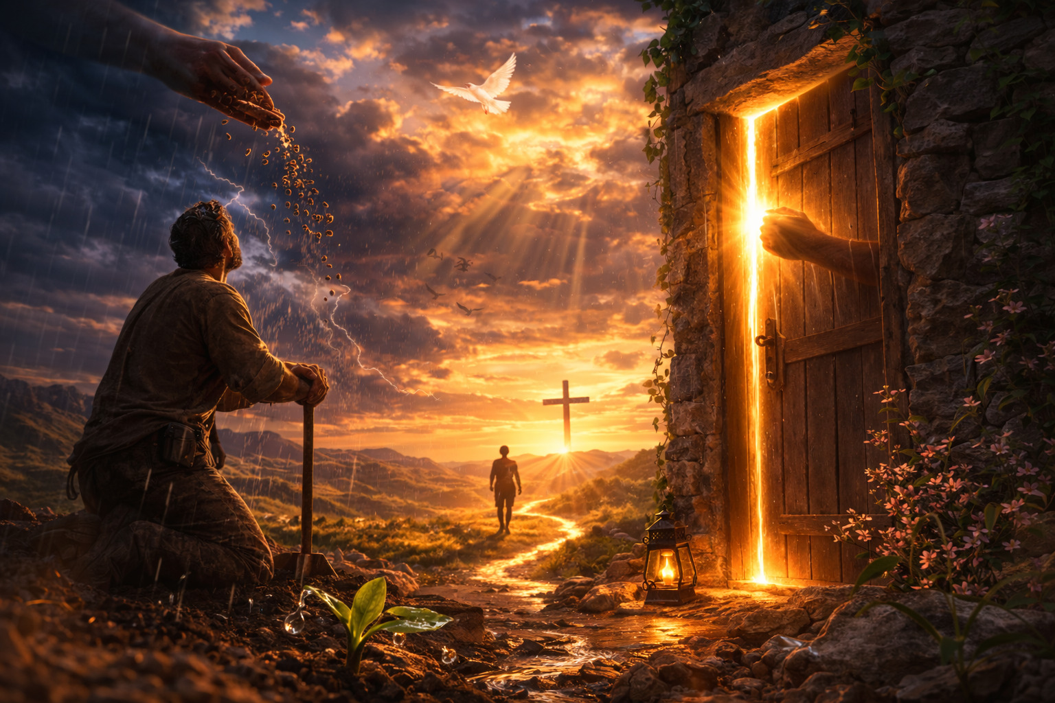 Hombre arrodillado bajo la lluvia mientras una mano desde el cielo siembra semillas sobre la tierra; una puerta luminosa se abre a la derecha y, al fondo, una cruz resplandece bajo un cielo dorado con una paloma blanca volando.<br />
