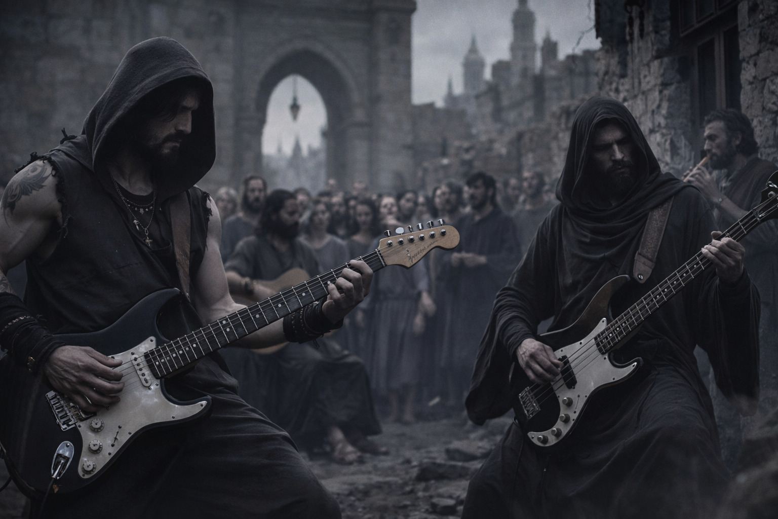 Joven cantante interpretando con micrófono mientras tres hombres con túnicas leen un pergamino iluminado, con una figura luminosa al fondo y un guitarrista acompañando en un ambiente cálido y espiritual.<br />
