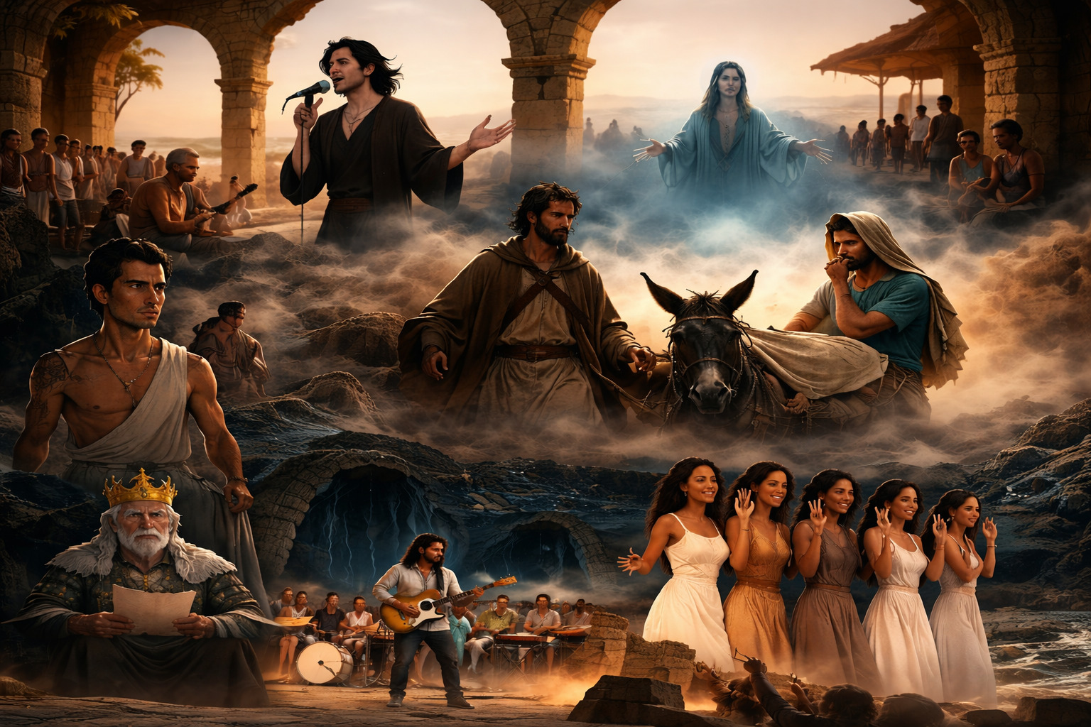 Composición que fusiona escenas bíblicas y contemporáneas: José guía un burro en la noche con María y el niño, un ángel luminoso los cubre desde lo alto, un rey observa con gesto severo, músicos tocan en vivo y un coro femenino canta frente al mar bajo luz dramática.<br />
