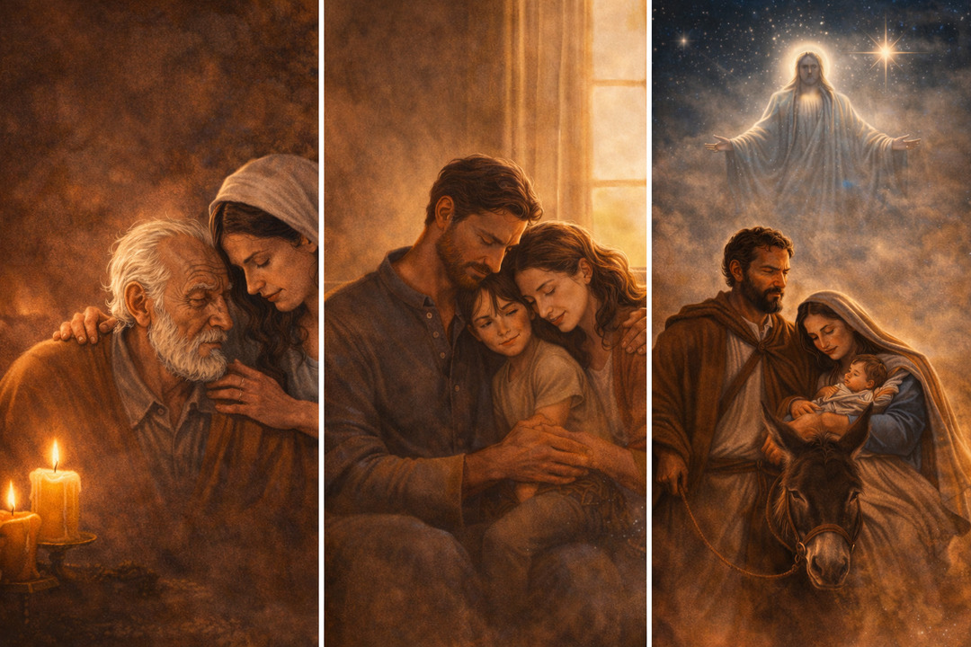 Imagen dividida en tres escenas: una pareja cuida con ternura a un anciano iluminado por una vela; una familia se abraza en un hogar cálido; y José conduce un burro mientras María sostiene al niño bajo la protección de una figura luminosa en la noche.