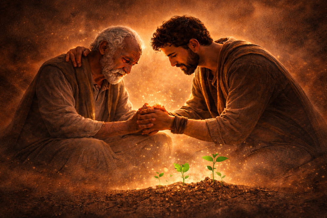 Hijo adulto sostiene con ternura las manos de su padre anciano bajo una luz dorada intensa, mientras pequeños brotes verdes crecen en la tierra frente a ellos, simbolizando esperanza y fruto del amor.<br />
