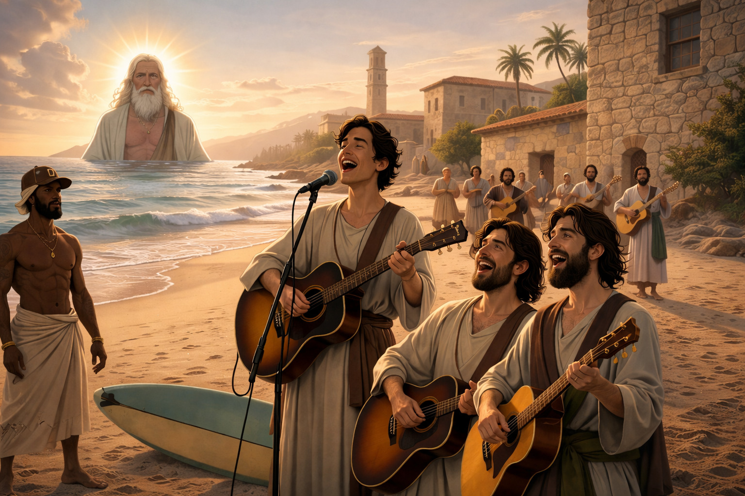 Grupo de músicos cantando y tocando guitarras en la playa al atardecer, frente al mar y un pueblo costero, mientras otras personas observan en un ambiente de alegría y unidad.<br />
