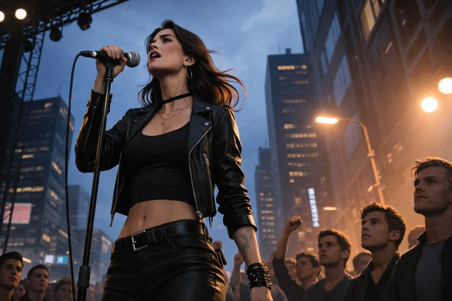 Cantante femenina de estilo rock interpretando en vivo en una ciudad moderna de noche, con micrófono en mano y público alrededor, en un ambiente urbano iluminado.