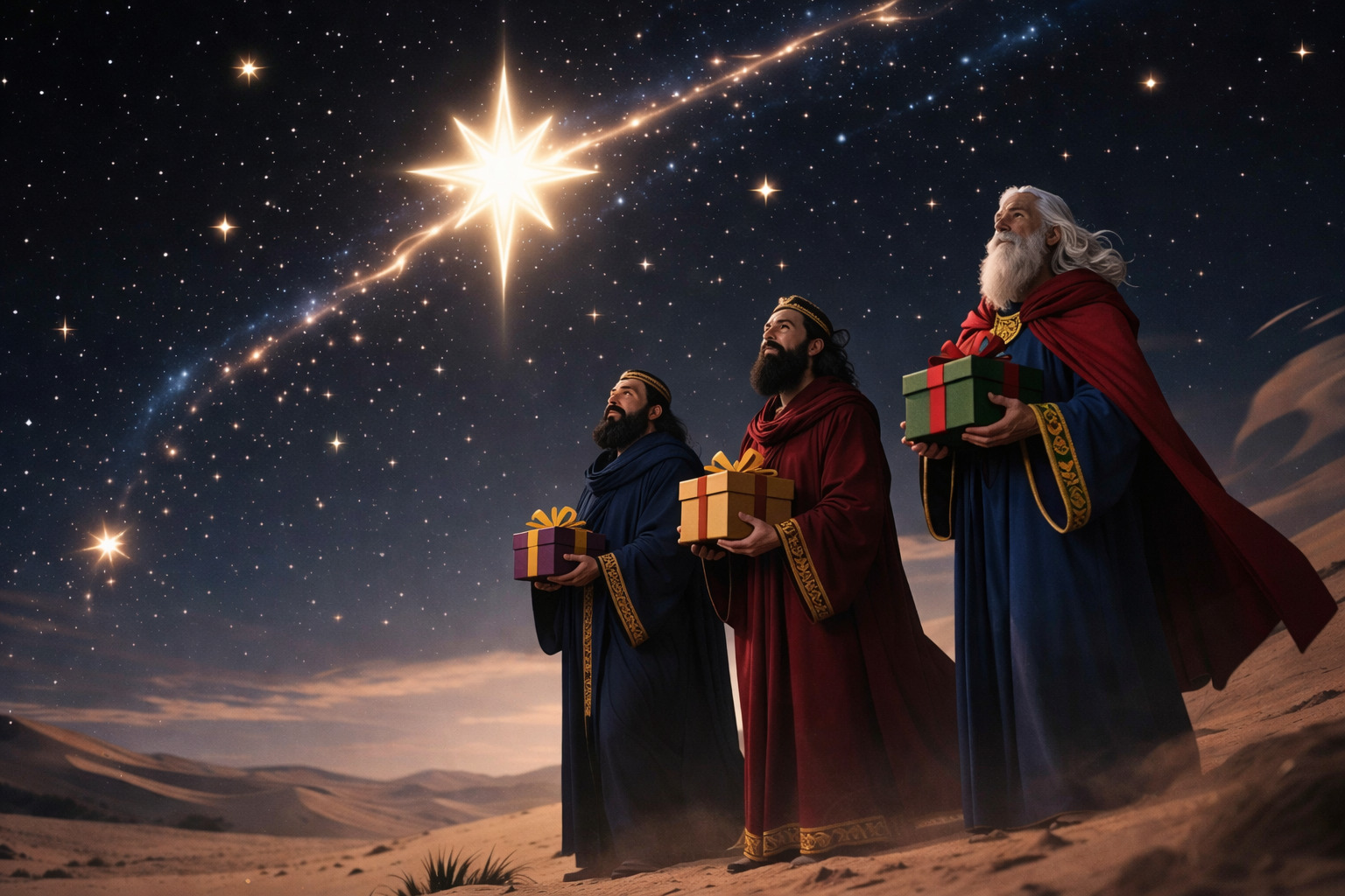 Tres sabios de Oriente observan una estrella brillante en el cielo nocturno del desierto mientras sostienen regalos, guiados por su luz.