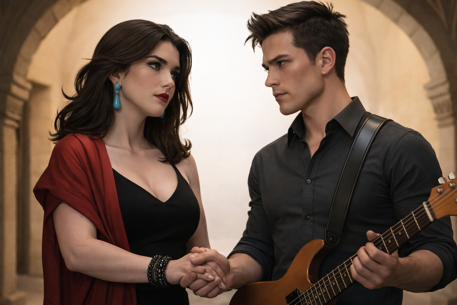 Hombre con guitarra y mujer elegante tomándose de la mano en un entorno arquitectónico clásico, con expresión intensa y conexión emocional.