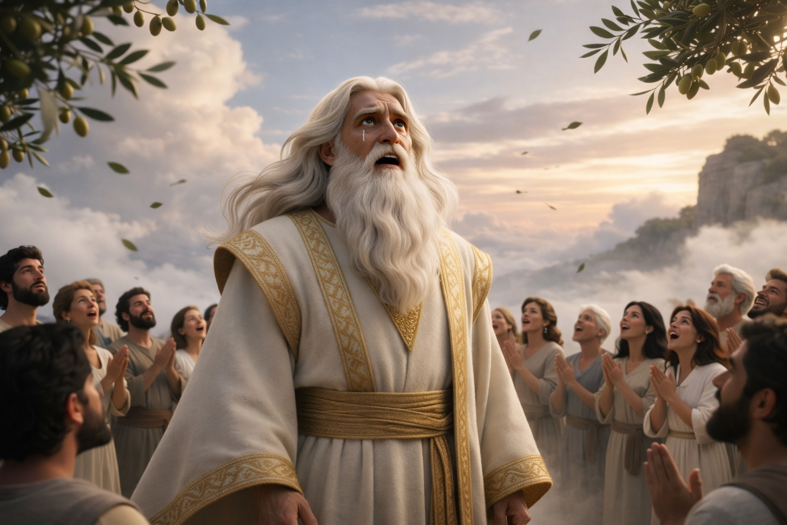 Hombre anciano de apariencia bíblica con túnica blanca mirando al cielo con emoción, rodeado de personas en actitud de oración y asombro entre nubes y luz celestial