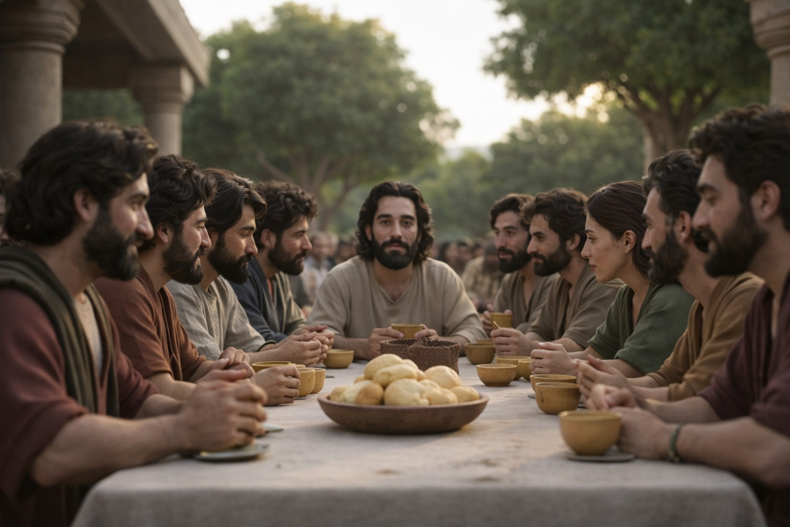 Grupo de personas de apariencia bíblica compartiendo comida en una mesa larga al aire libre, con figura central que representa a Jesús rodeado de discípulos en ambiente de comunidad y paz