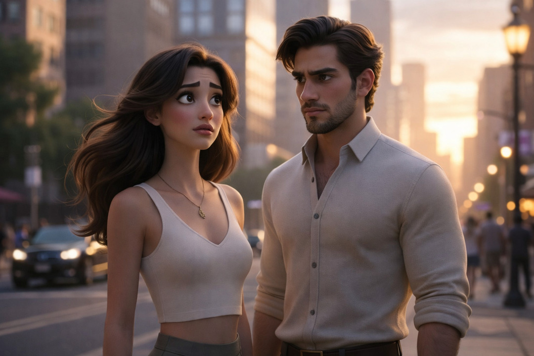 Hombre y mujer jóvenes en una calle de ciudad al atardecer con expresiones de preocupación y tensión, reflejando una decisión importante o conflicto emocional