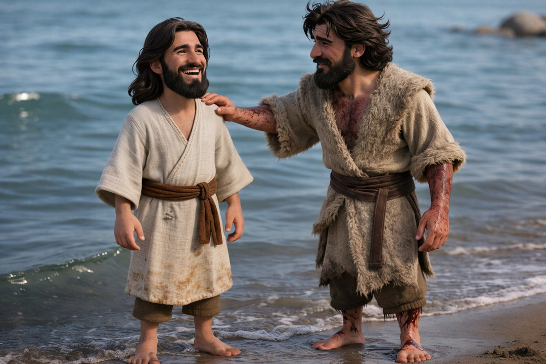 Jesús sonriendo junto a Juan el Bautista herido en la orilla del río, en un momento de encuentro, cercanía y restauración espiritual