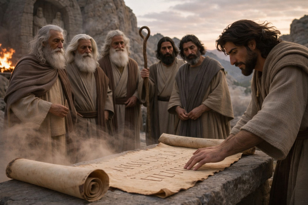 Grupo de hombres de apariencia bíblica reunidos alrededor de un pergamino antiguo en el desierto, analizando escrituras en un ambiente de reflexión y autoridad espiritual