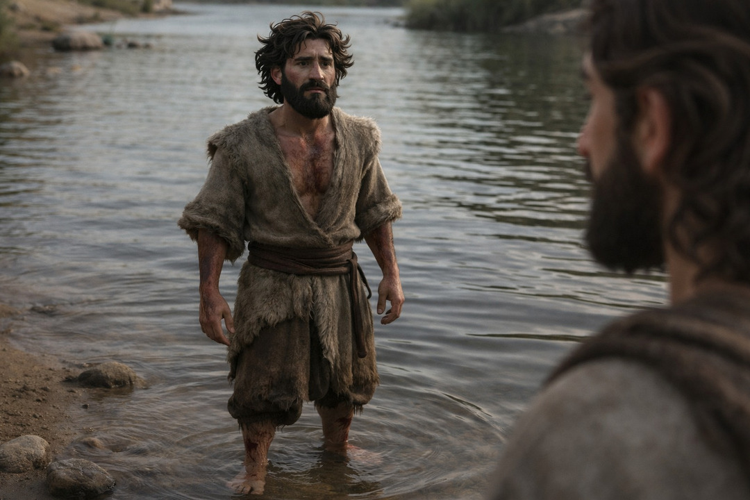 Hombre de apariencia bíblica herido de pie dentro del agua mirando a otra persona, en un momento de vulnerabilidad y búsqueda de ayuda