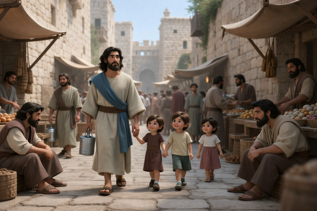Jesús caminando con niños en un mercado antiguo rodeado de personas y puestos de comida, en un ambiente de vida cotidiana y comunidad