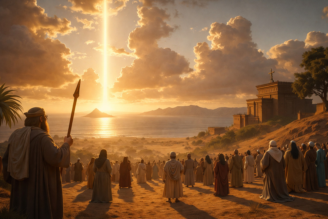 Multitud observando un rayo de luz descendiendo del cielo hacia el horizonte junto a un templo en un paisaje bíblico al atardecer