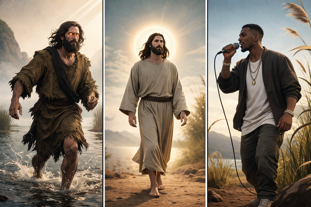 Composición en tres escenas: un hombre emerge del agua en un entorno natural, Jesús camina con luz alrededor y un cantante moderno interpreta con micrófono en un paisaje abierto