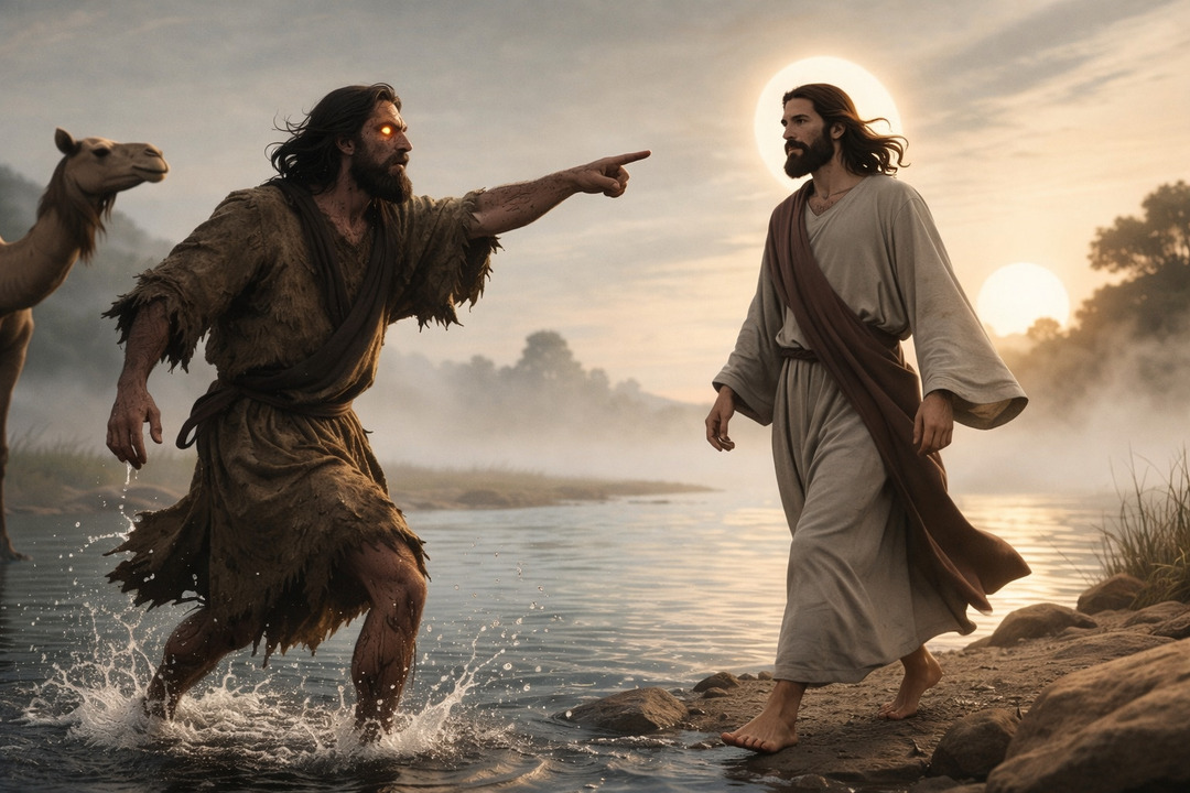 Juan el Bautista señalando a Jesús mientras sale del agua junto al río, en un entorno natural con un camello al fondo