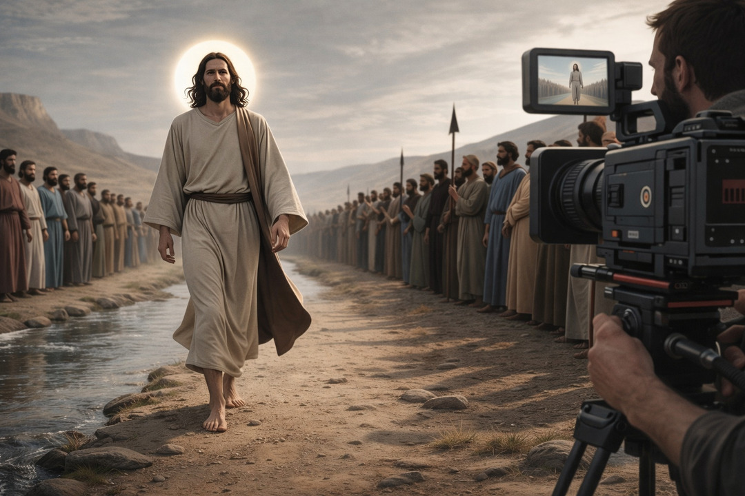 Jesús caminando junto a un río en un paisaje bíblico mientras una multitud observa, capturado por una cámara moderna que mezcla lo antiguo con lo contemporáneo.