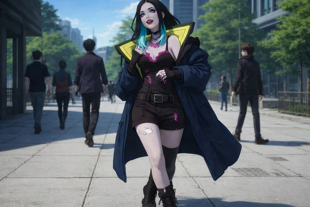 Mujer joven con estilo gótico moderno caminando por una calle urbana, con cabello negro y puntas turquesa, vestimenta oscura y fondo de ciudad con personas desenfocadas.