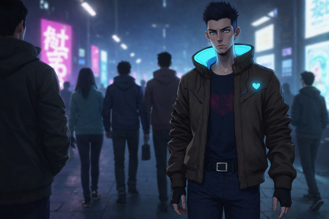 Joven caminando en una calle urbana nocturna con luces de neón, vistiendo chaqueta oscura con detalles luminosos, rodeado de personas desenfocadas en un ambiente moderno.