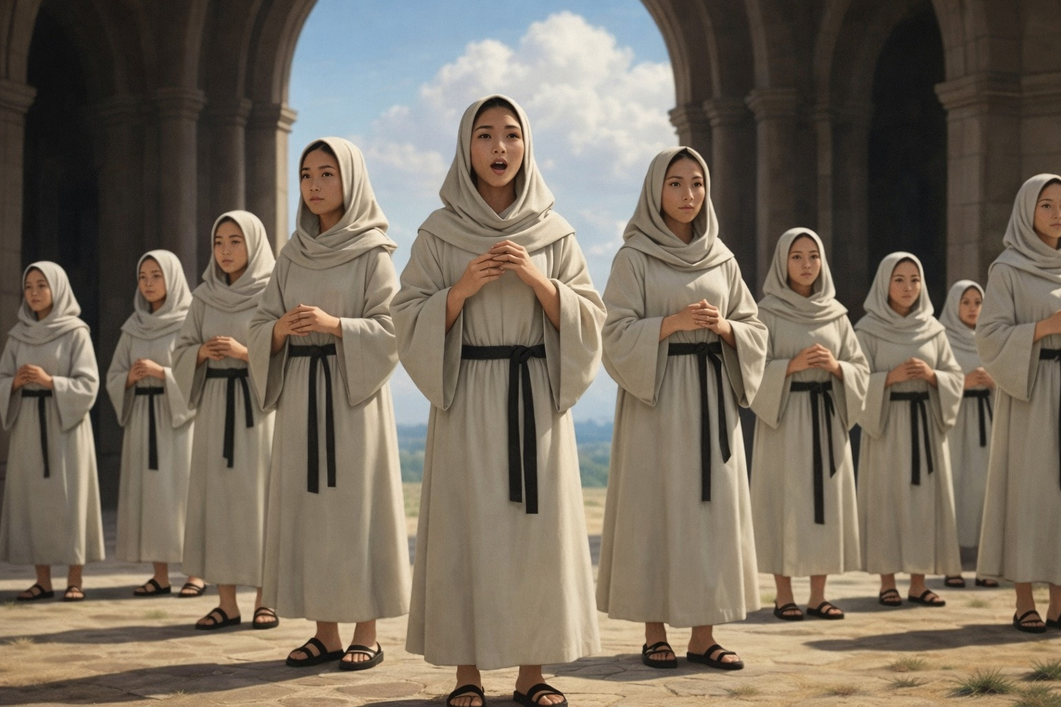 Grupo de mujeres con túnicas claras cantando en formación bajo arcos de piedra, escena cinematográfica que representa coro espiritual, armonía y fe en estilo épico.