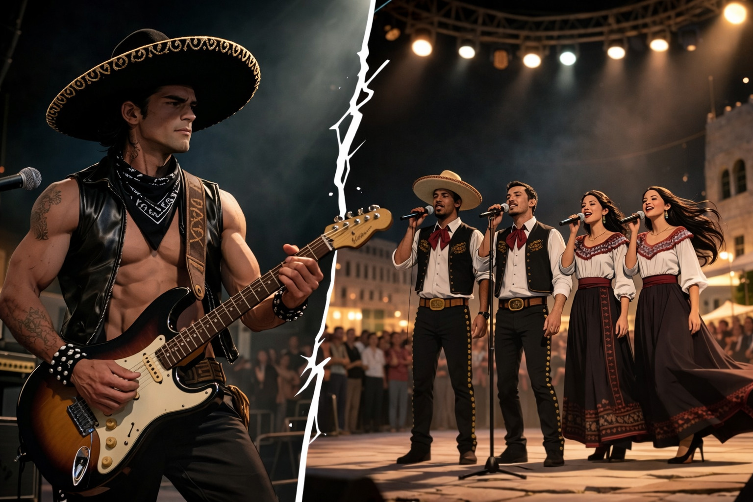 Imagen dividida con guitarrista rockero estilo mariachi a la izquierda y grupo de cantantes tradicionales mexicanos a la derecha en escenario nocturno.