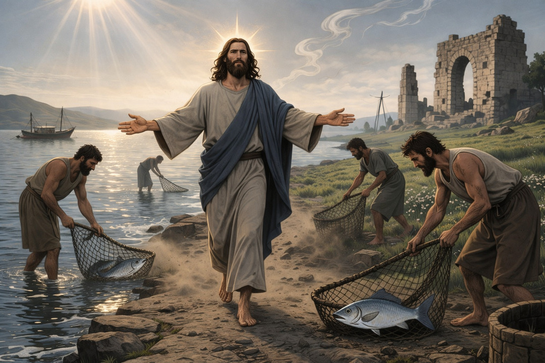 Jesús caminando junto al lago mientras varios pescadores recogen redes con peces, en una escena de llamado y transformación espiritual.