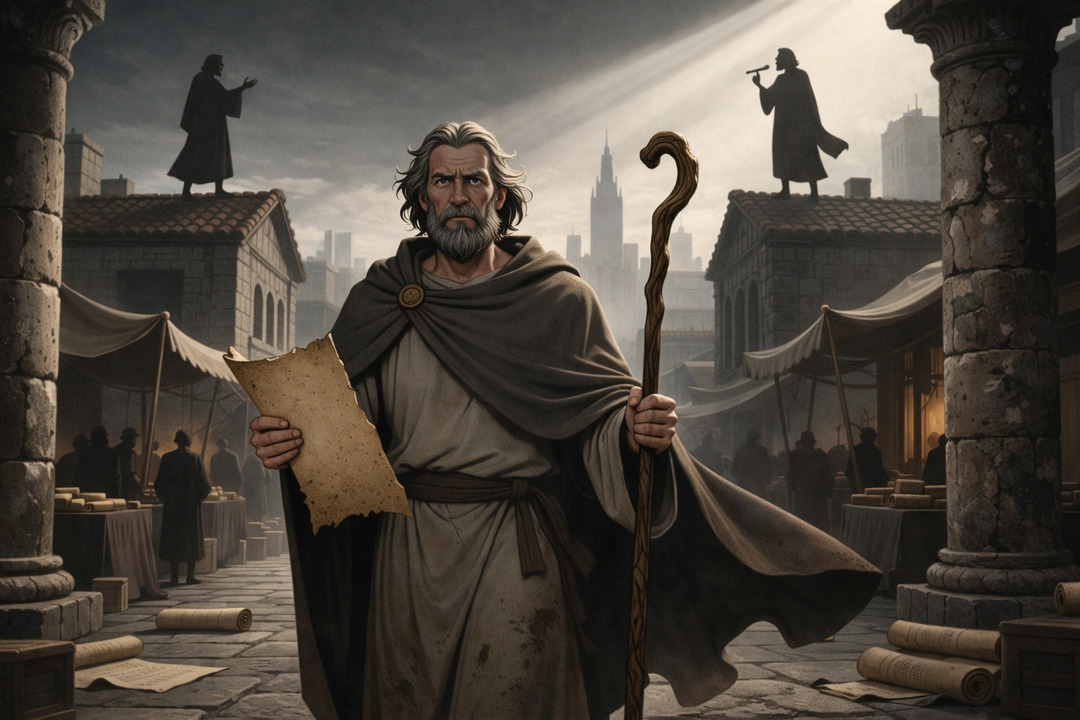 Hombre mayor con túnica y bastón sosteniendo un pergamino en medio de una ciudad, mientras figuras en las azoteas proclaman mensajes bajo un rayo de luz.