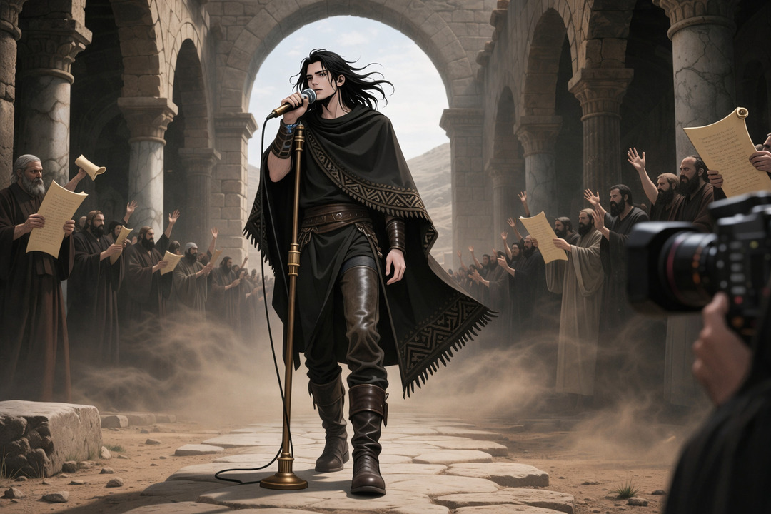 Hombre con capa oscura cantando con micrófono en un entorno de ruinas antiguas, rodeado de personas con pergaminos que levantan las manos, en una escena simbólica entre lo antiguo y lo moderno.
