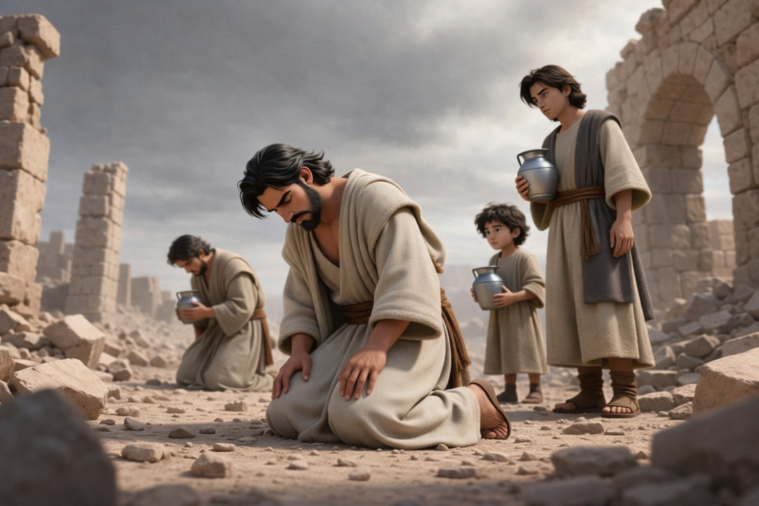 Hombre con túnica arrodillado entre ruinas antiguas en actitud de oración, acompañado por otras personas, incluyendo un niño, en un ambiente desolado y nublado.