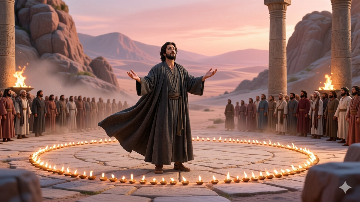 Figura de Jesús de pie en el desierto dentro de un círculo de fuego con los brazos abiertos, rodeado de personas observando en un momento de revelación espiritual