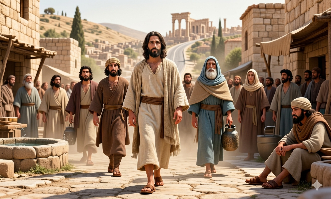 Jesús caminando con sus discípulos por una aldea antigua mientras la gente observa, escena cinematográfica que representa enseñanza, comunidad y vida cotidiana en tiempos bíblicos.