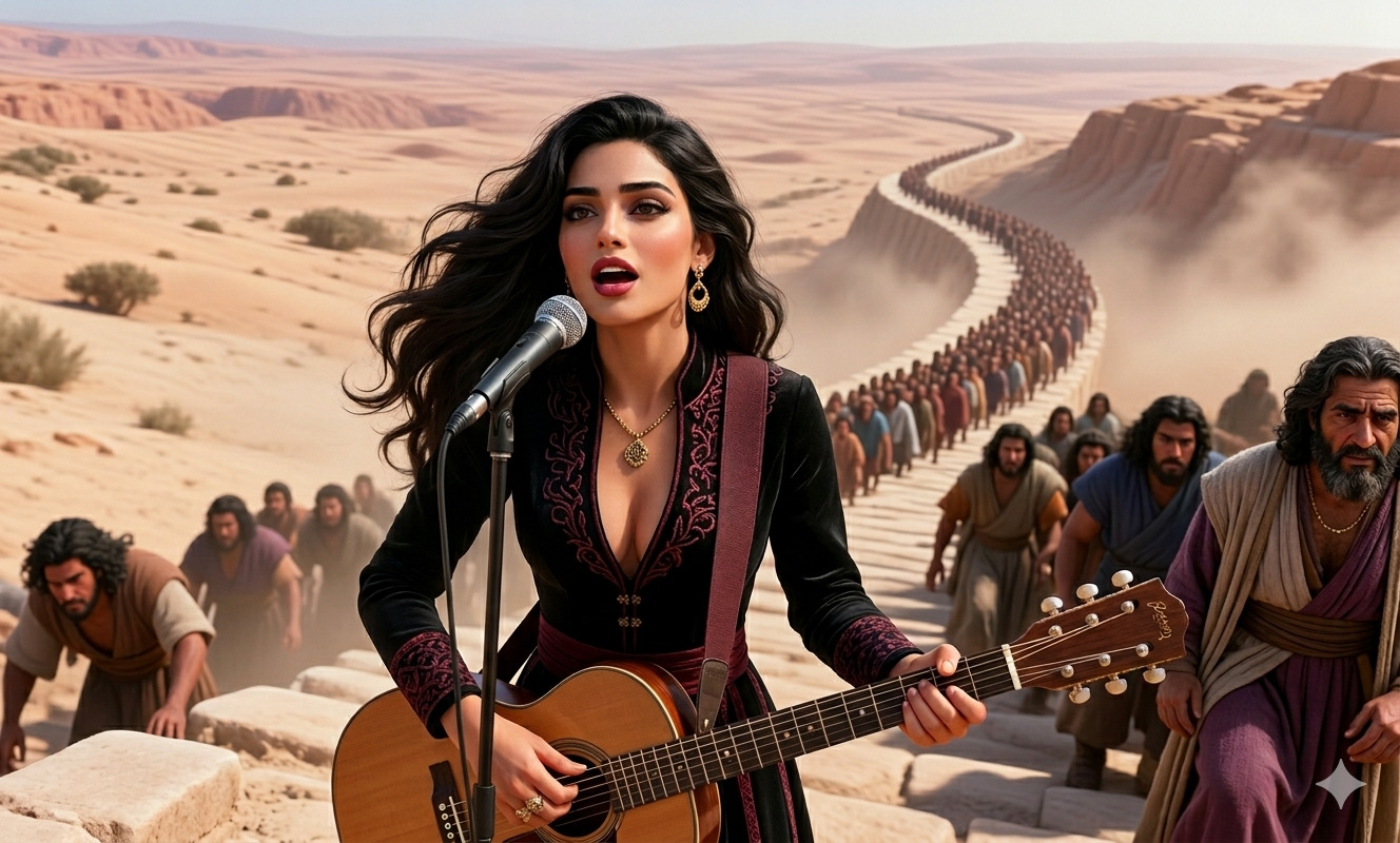 Cantante femenina tocando guitarra en el desierto mientras una multitud camina por un sendero largo, escena cinematográfica que mezcla música contemporánea con contexto bíblico.