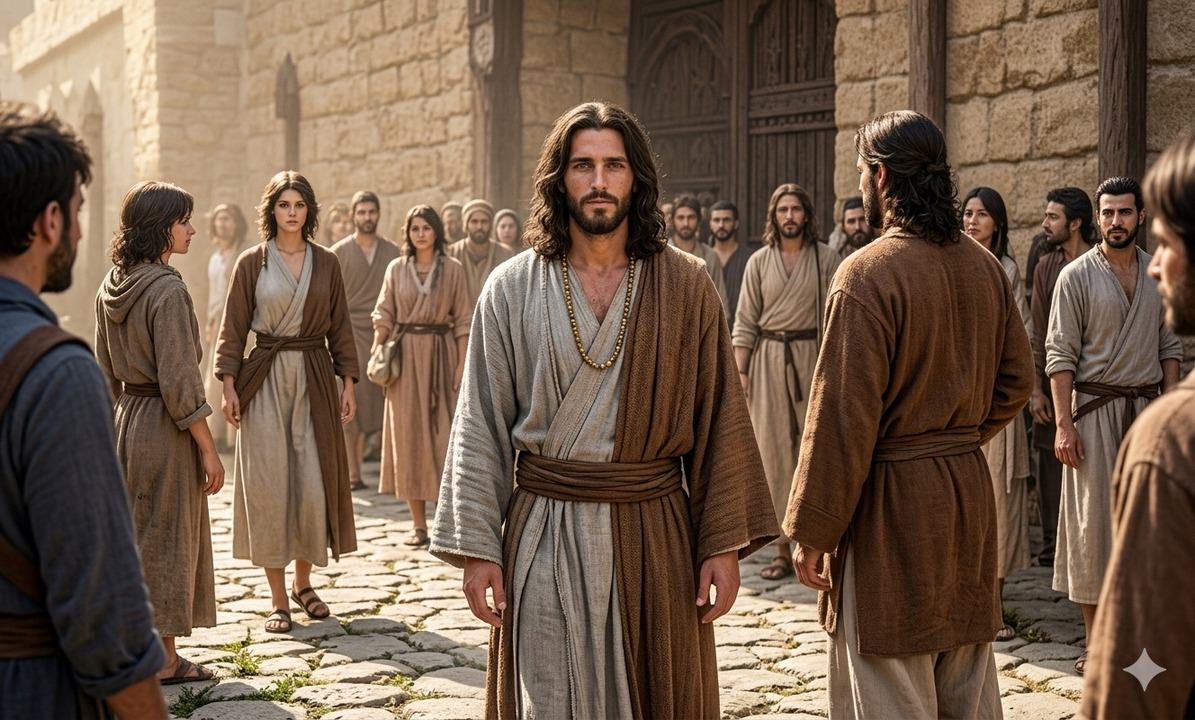 Jesús de pie en medio de una multitud en una ciudad bíblica, rodeado de personas que lo observan, escena realista inspirada en Crónicas con Flow.