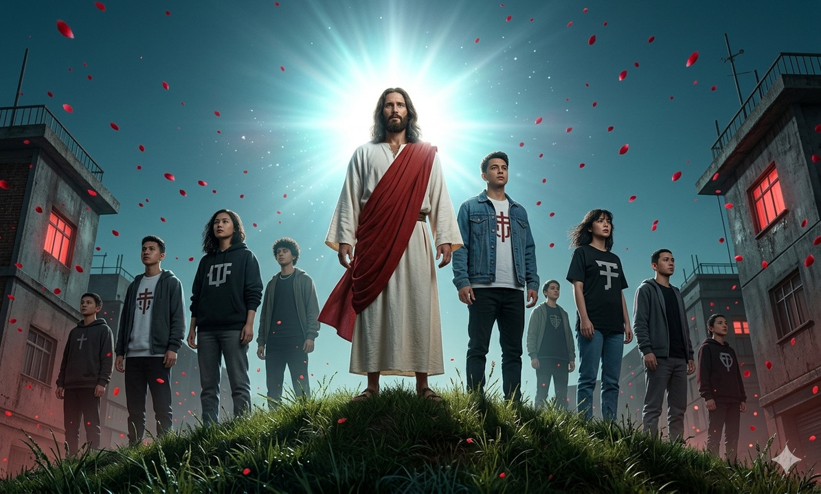 Jesús iluminado por una luz intensa detrás de él, de pie sobre una colina junto a jóvenes en un entorno urbano moderno, escena simbólica de liderazgo espiritual y despertar.