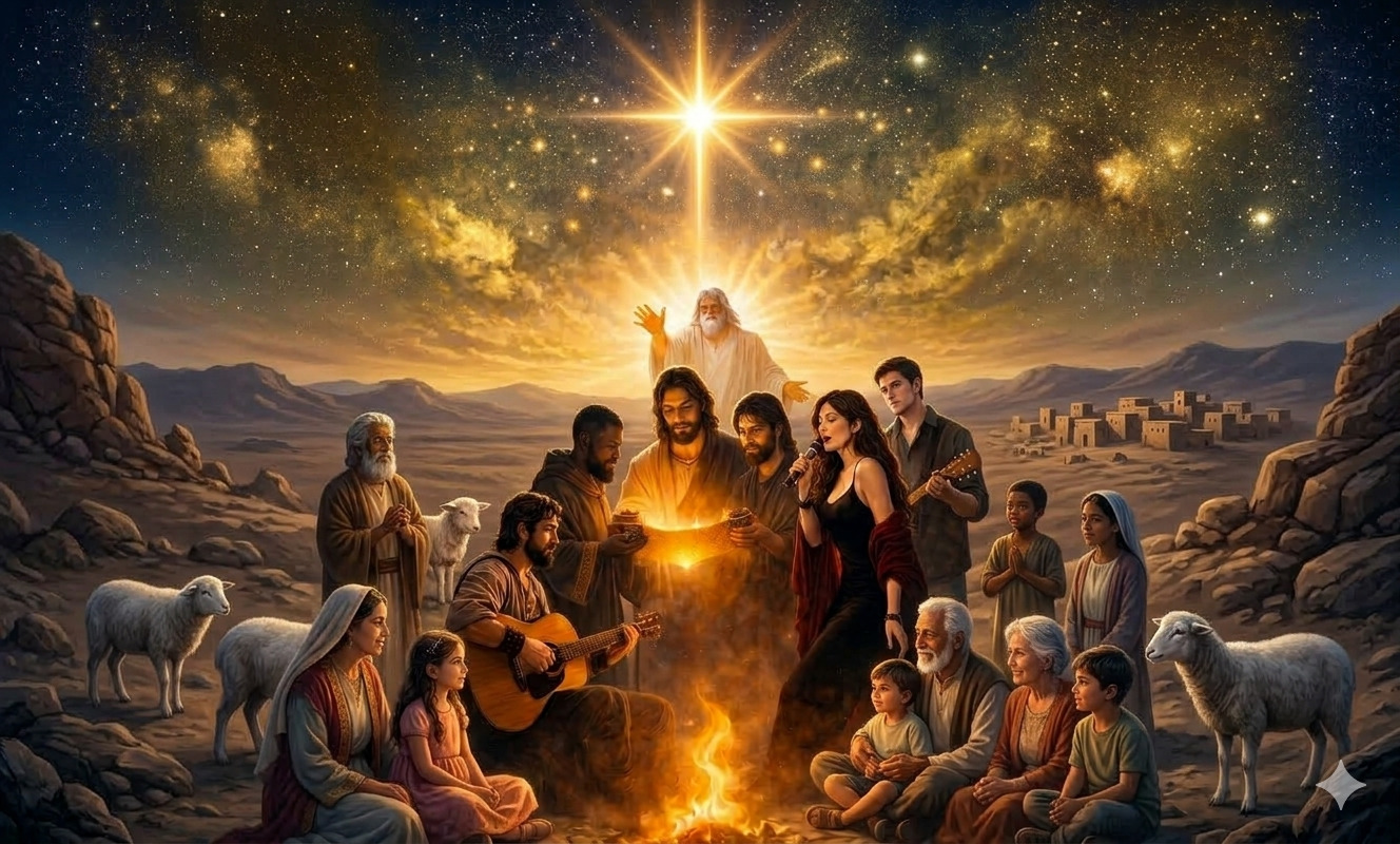 Tres magos arrodillados ante María y el Niño Jesús bajo una estrella brillante en el cielo nocturno, mientras un músico toca guitarra junto a una fogata en las afueras de Belén.<br />
