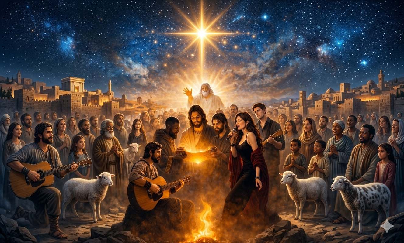 Multitud reunida alrededor de Jesús iluminado por una luz dorada bajo una estrella brillante, mientras un músico toca guitarra y una cantante interpreta al frente en un ambiente cálido y espiritual.<br />
